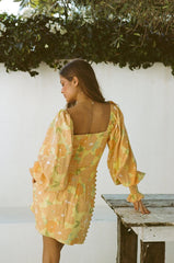 Yellow Floral Long Sleeves Mini Dress