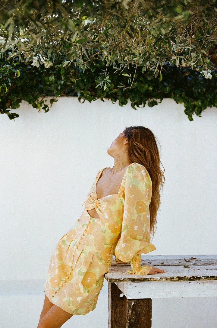 Yellow Floral Long Sleeves Mini Dress