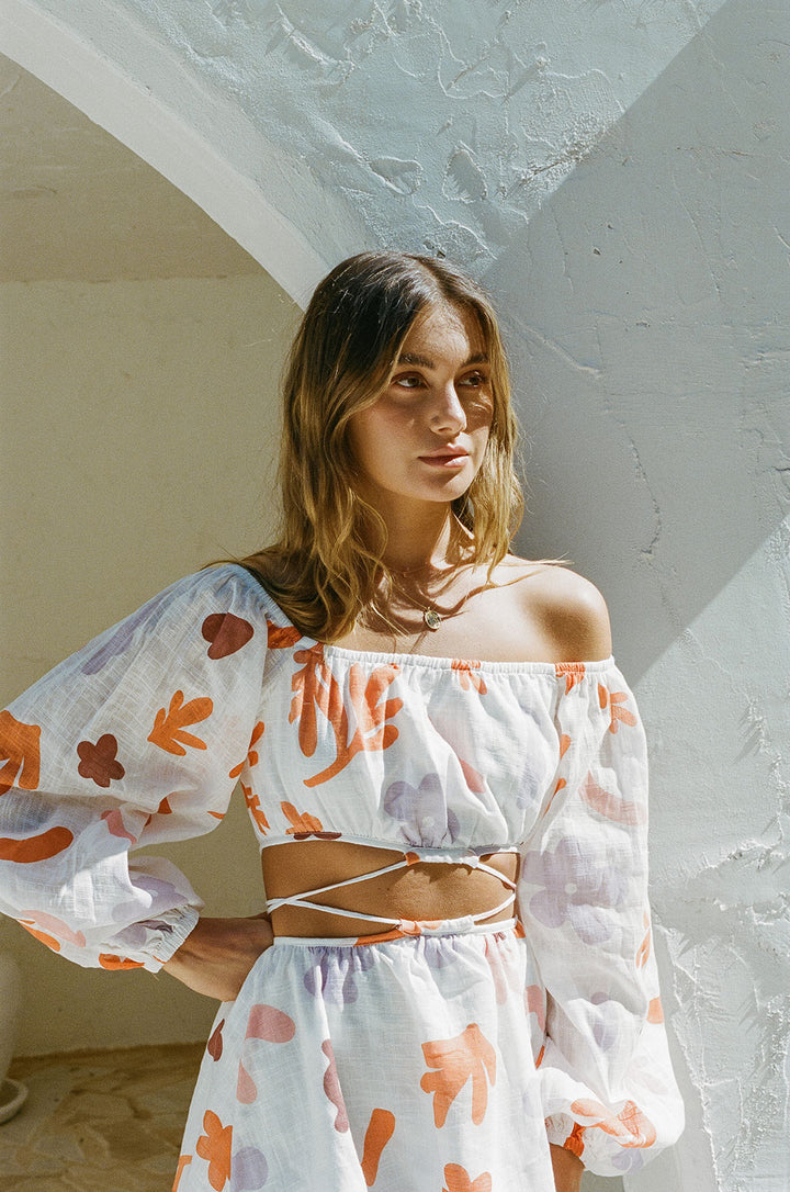 Orange Floral Long Sleeves Mini Dress
