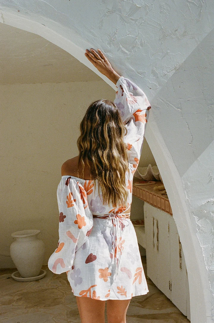 Orange Floral Long Sleeves Mini Dress