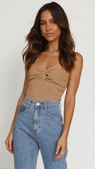 Khaki Ribbed Knit Twisted Crop Top