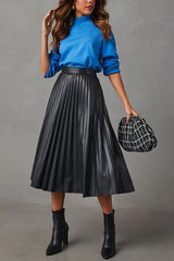 Elevated Classic Faux Leather High Waist Pleated Midi Skirt