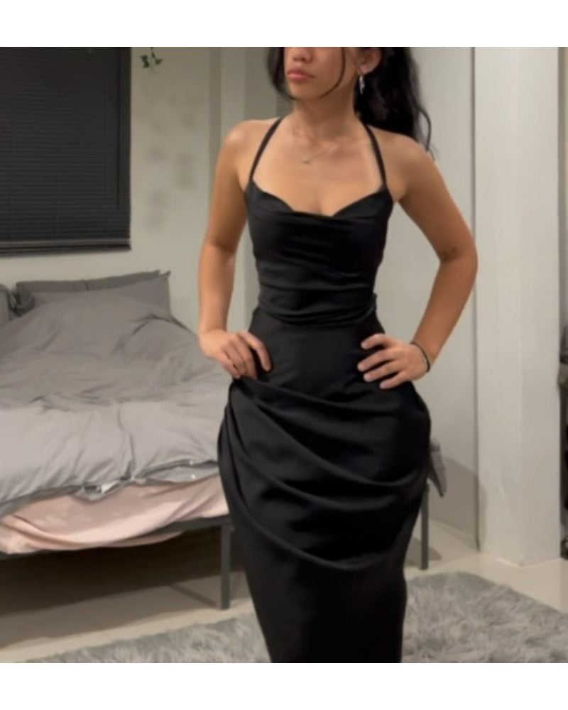 2024ss sexy halter pleated dress
