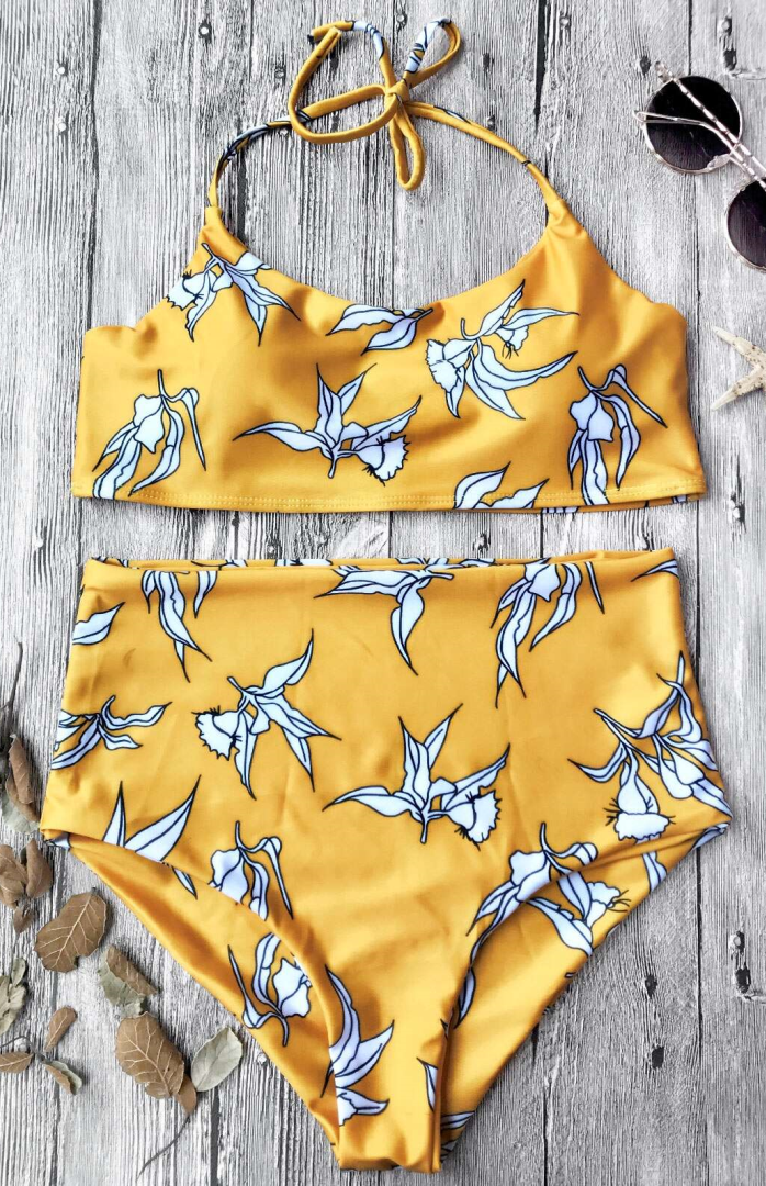 Yellow Foliage Silhouette High Waisted Bikini