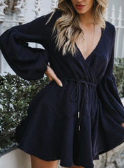 WOMEN V NECK RUFFLE KNITTED SWEATER DRESS