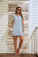 V-NECK SHORT-SLEEVED POLKA-DOT LACE DRESS