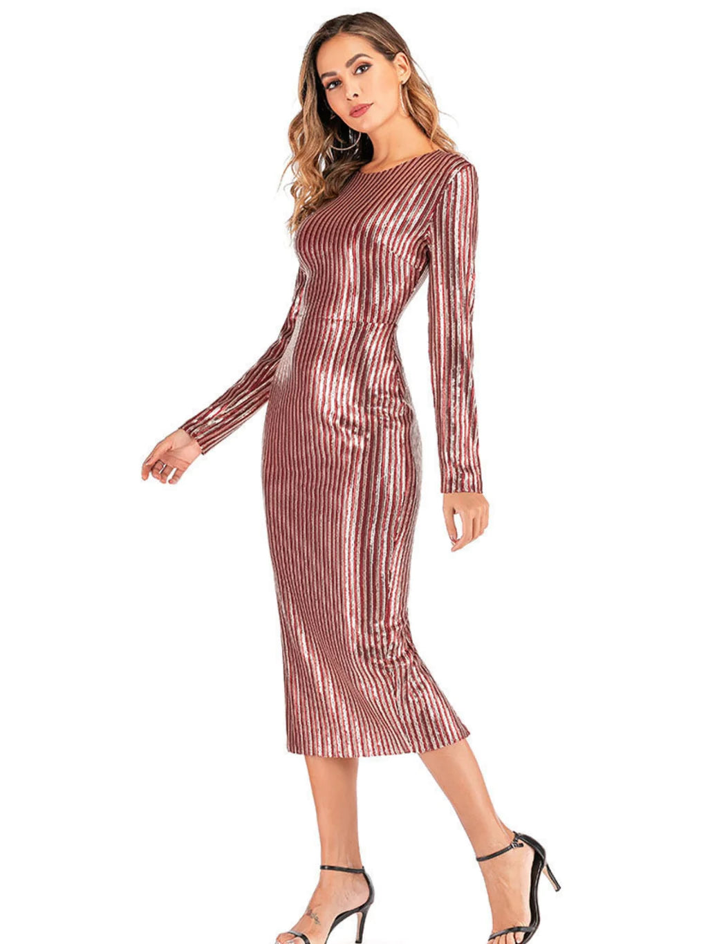 V-NECK STRIPED SEQUINED LONG-SLEEVED DRESS