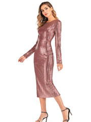 V-NECK STRIPED SEQUINED LONG-SLEEVED DRESS
