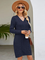 FASHION SOLID COLOR V-NECK LONG SWEATER DRESS