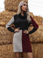 FASHION COLLAR KNIT STITCHING SWEATER DRESS