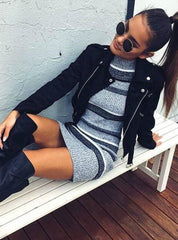Women's Crewneck Short Sleeve Spliced Sweater Skirt