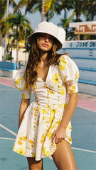 Yellow Floral Buttoned Mini Dress