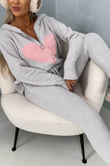 Listen To Your Heart Printed Plush Zipper Hooded Lounge Coat