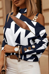 Flawless Printed Zipper Cold Shoulder Loose Top