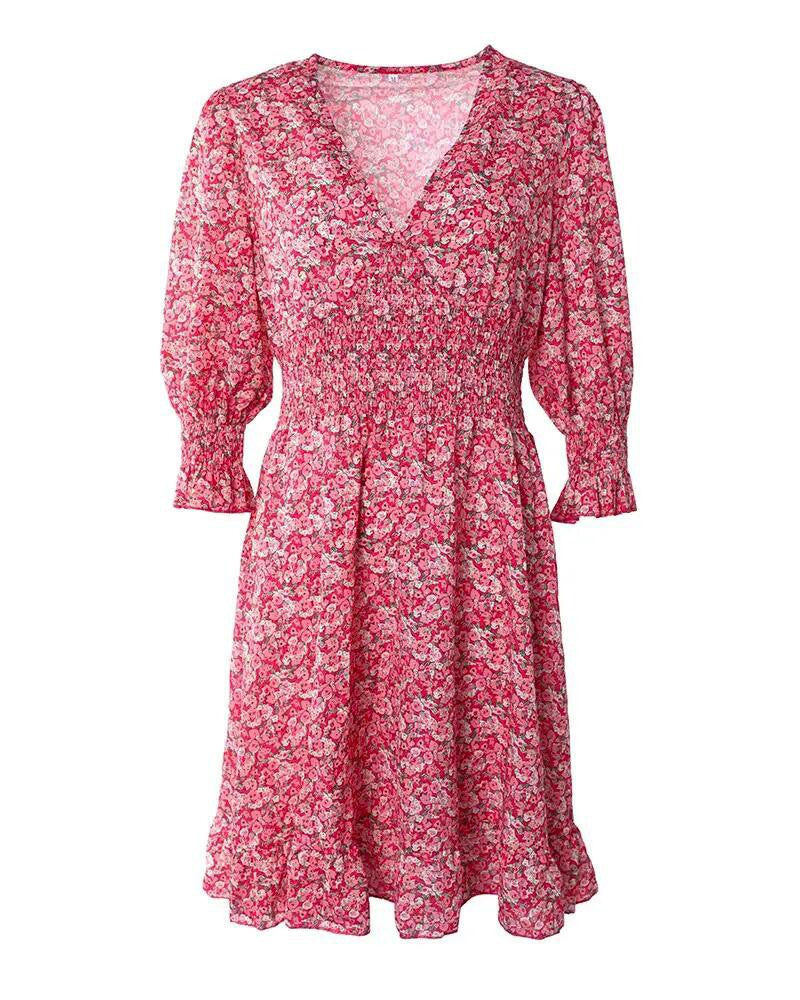 Ditsy Floral Print Puff Sleeve Ruffle Hem Shirred Dress