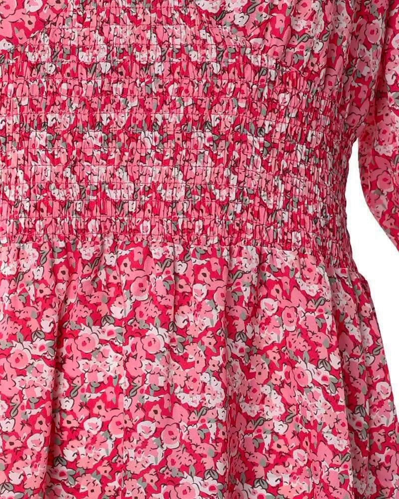 Ditsy Floral Print Puff Sleeve Ruffle Hem Shirred Dress
