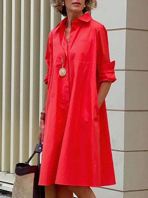 Simple Long Sleeves Solid Modern Color Lapel Midi Dress