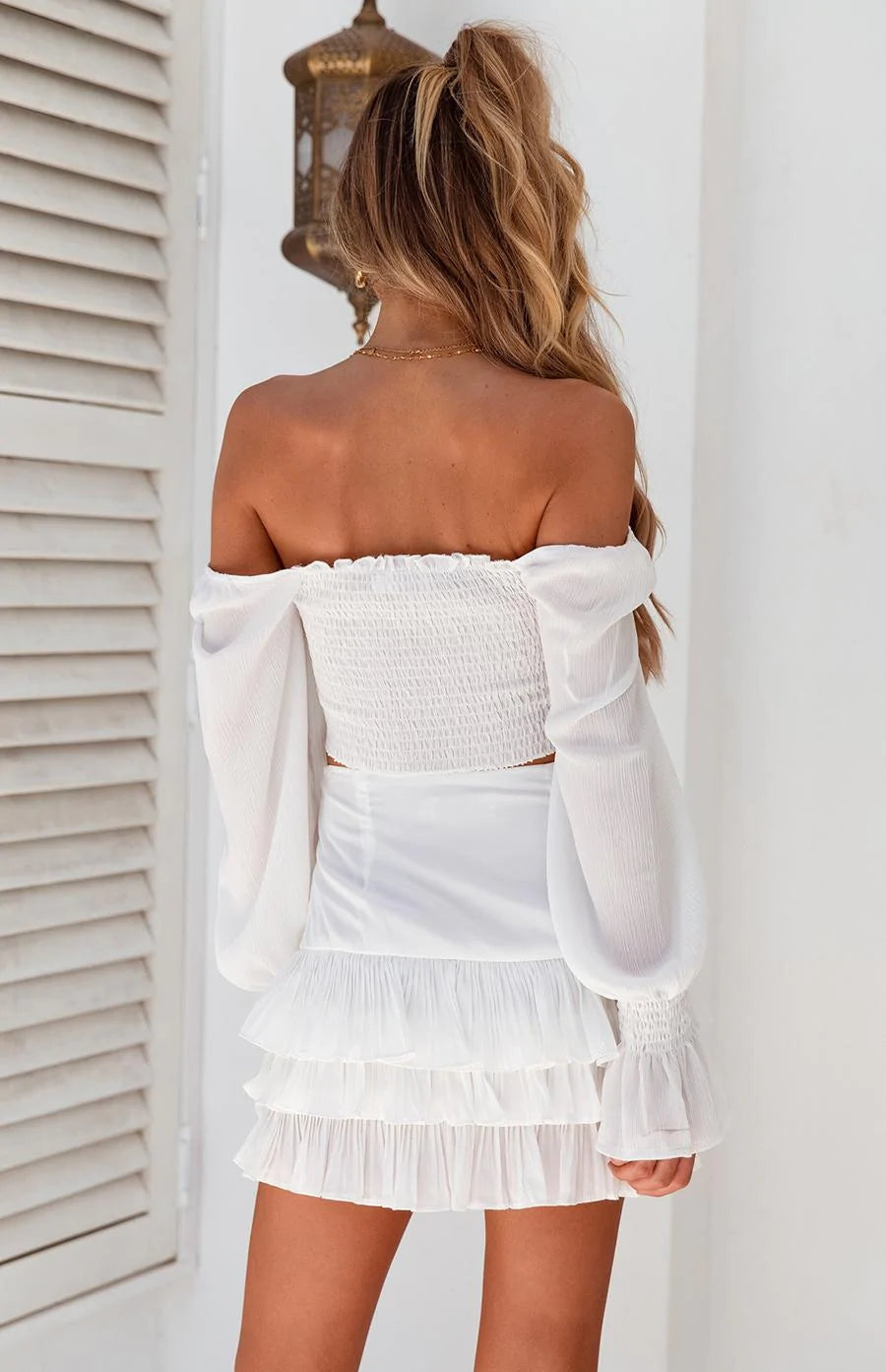 White Off the Shoulder Smocked Top
