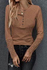 Solid Color Button Crochet Lace Long Sleeve Top