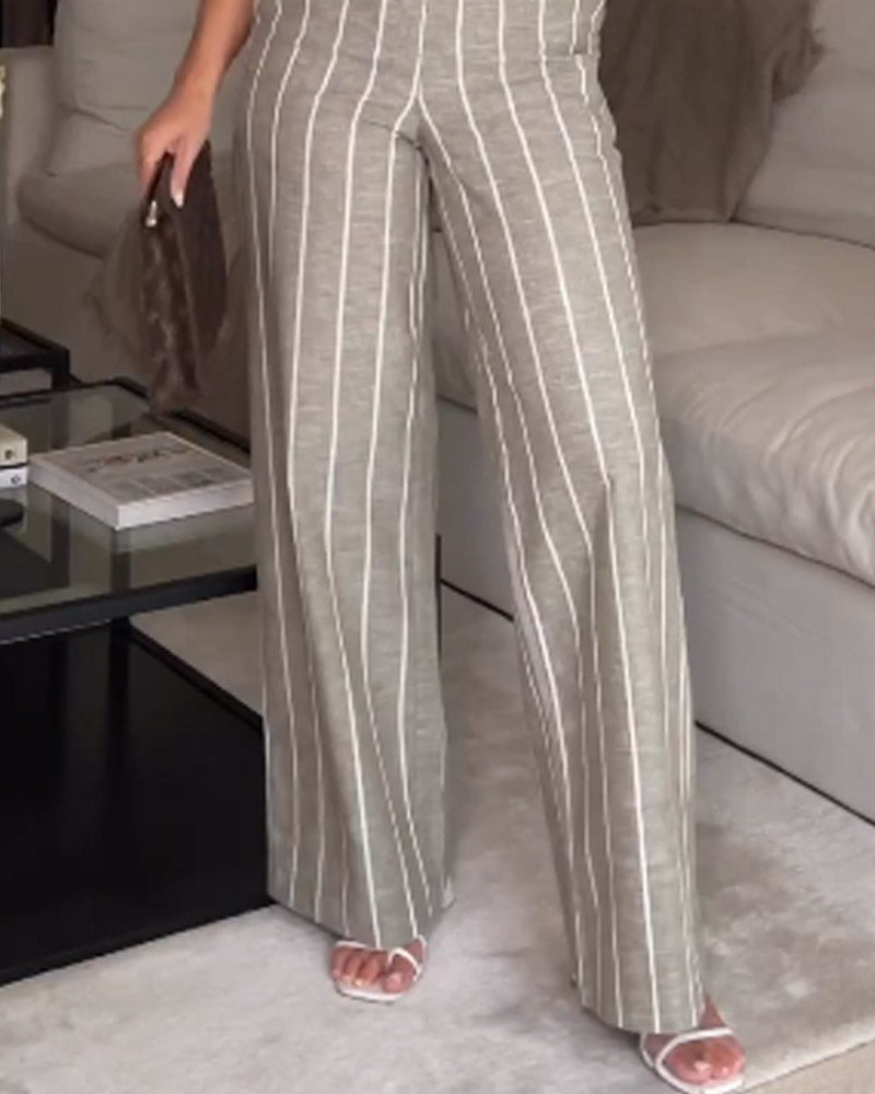 Solid Color Shirt Top & Striped Wide-leg Pants Two-piece Set