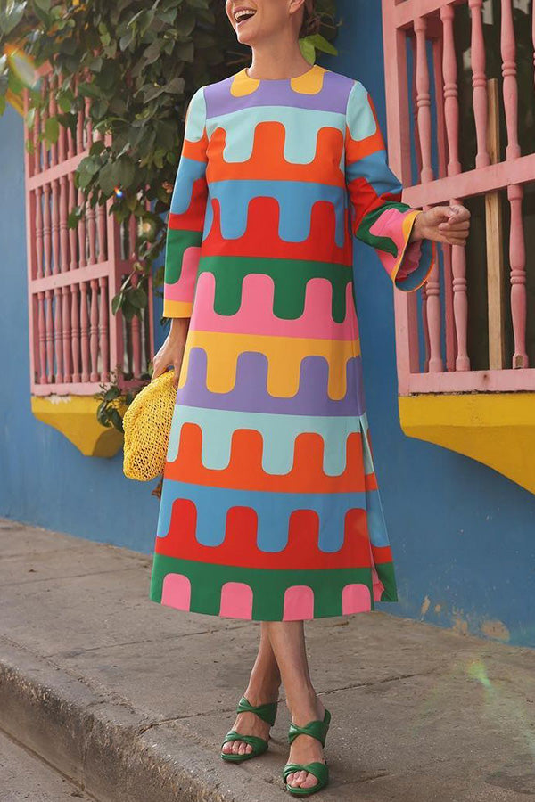 Geometric Print Long Sleeved Midi Dress with Side Slits