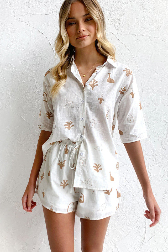 White Graphic Shirt and Shorts Matching Sets