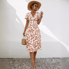 Orange Floral Surplice Midi Dress