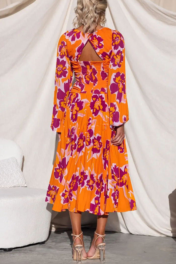 Feeling Loved Floral Print Back Cutout Pleated Midi Dress