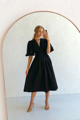 Black Short Sleeves Midi Dress