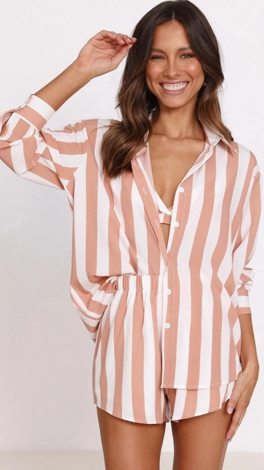 Blush Striped Shirt and Shorts Matching Sets