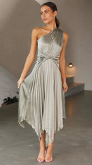 Olivgrünes One-Shoulder-Midikleid