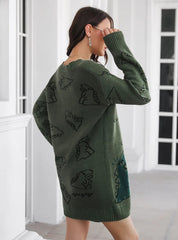 DINOSAUR JACQUARD V-NECK LONG SLEEVE SWEATER DRESS