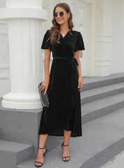 SPLIT PIT VELVET SHORT SLEEVE DRESS