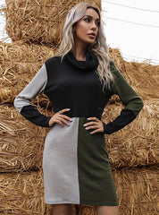 FASHION COLLAR KNIT STITCHING SWEATER DRESS