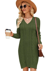 FASHION SOLID COLOR V-NECK LONG SWEATER DRESS
