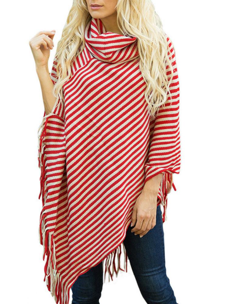 OBLIQUE STRIPED HIGH NECKED FRINGED CAPE SHAWL SWEATER