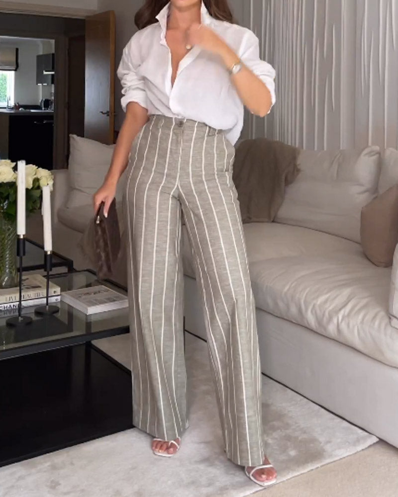 Solid Color Shirt Top & Striped Wide-leg Pants Two-piece Set