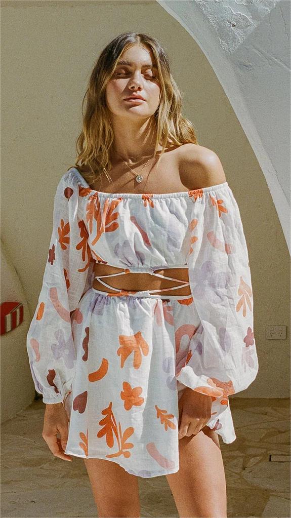 Orange Floral Long Sleeves Mini Dress