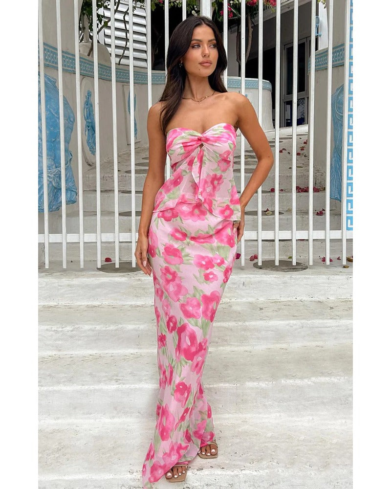 2024ss Sexy Breast wrap print beach dress
