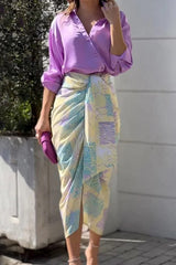 Solid Button Down Shirt and Floral Print Ruched Midi Skirt Two Piece Set