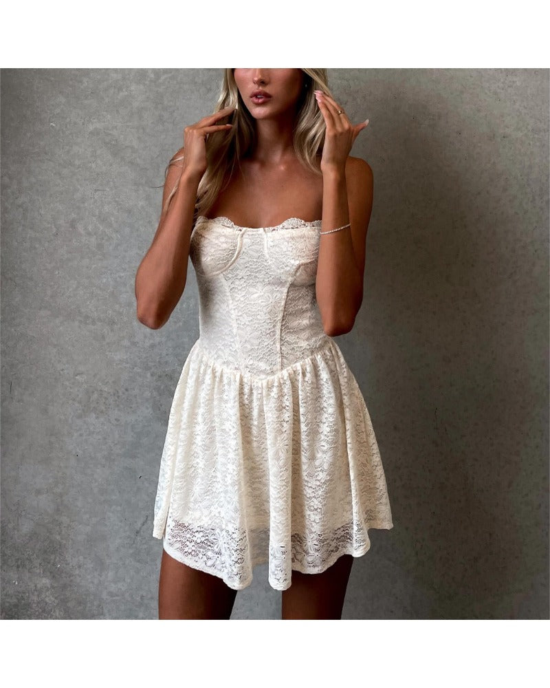 2024ss sexy strapless lace see-through dress