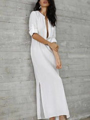 Simple Ramie Cotton Solid Modern Color Split-Side Maxi Dress