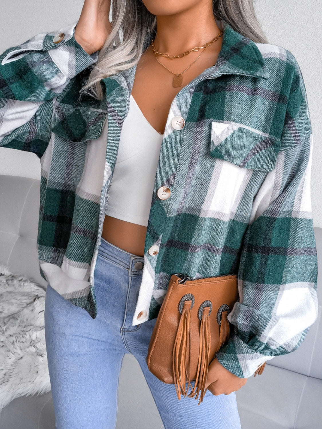 Karierte Jacke mit Kragen und langen Ärmeln