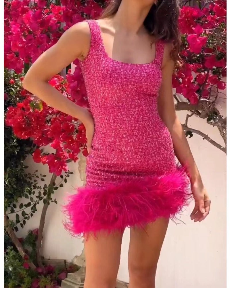 Barbie Pink sexy halter furry skirt dress