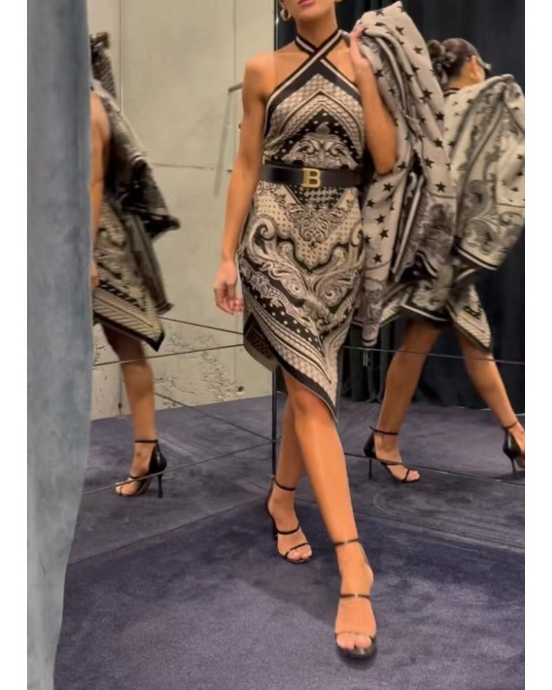 2024ss sexy halter strapless printed dress