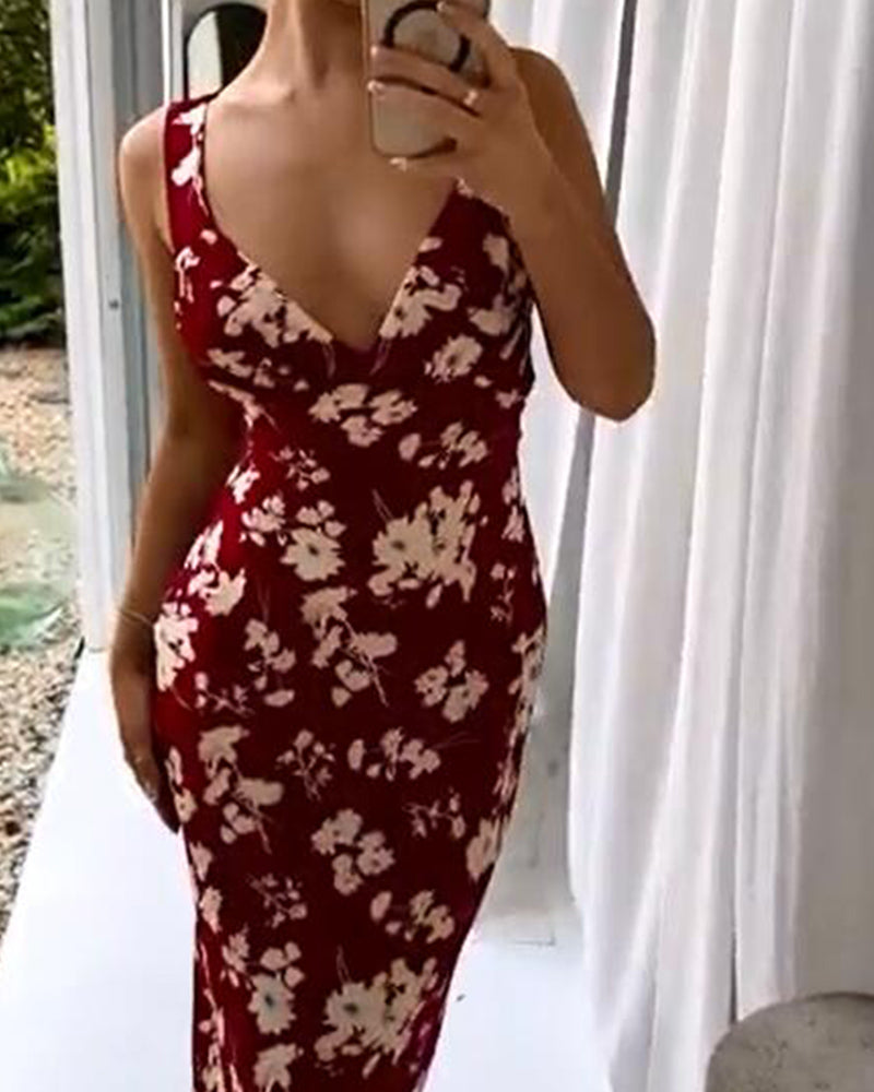 Contrast Floral Deep V Printed Sleeveless Long Dress