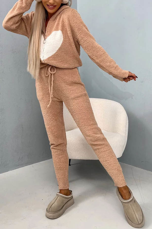 Listen To Your Heart Printed Plush Zipper Hooded Lounge Coat