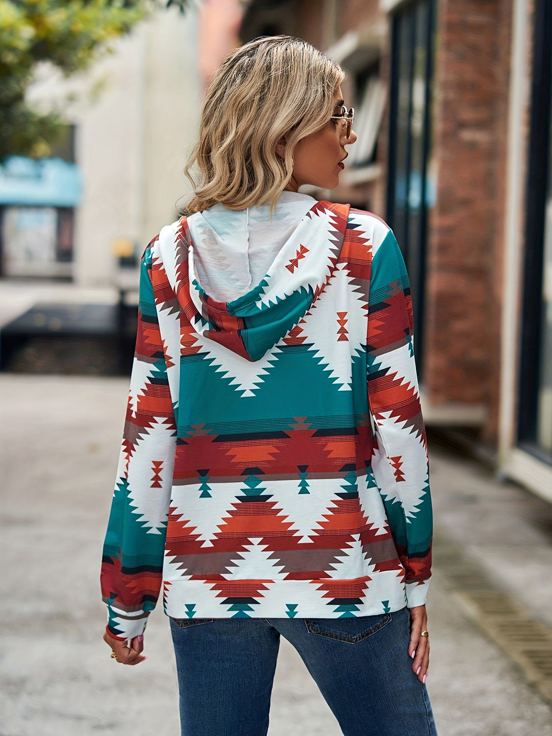 Geometrische Langarm-Kapuzenjacke mit Reißverschluss