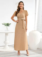 V-NECK SLIM LACE-UP DRESS LONG DRESS