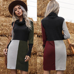 FASHION COLLAR KNIT STITCHING SWEATER DRESS